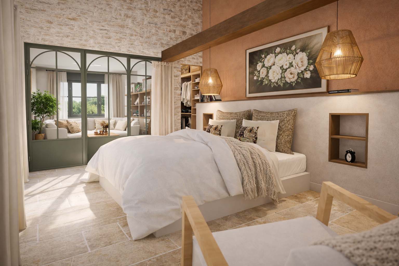 Chambre aménagée dans une grange en pierre à St Pierre-des-Echaubrognes (79)