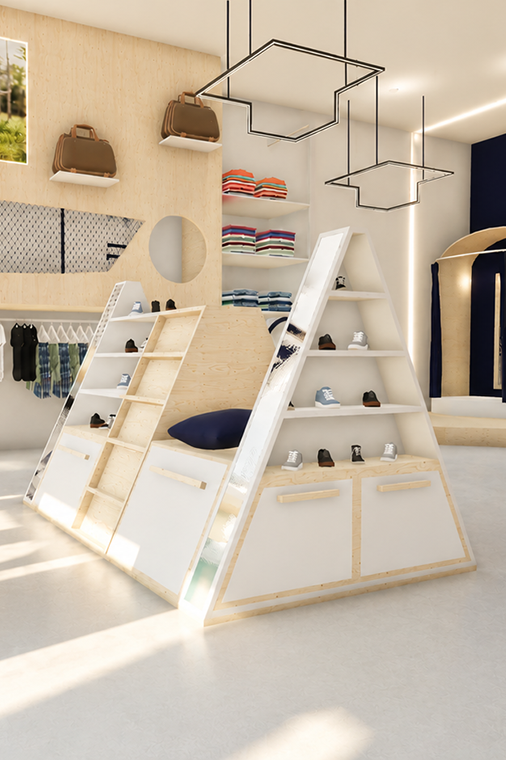 Perspective 3D d'un concept d'aménagement pour un magasin de vêtements pour enfants, imaginé par ACCORD CONCEPTION. Mobilier sur mesure en bois, présentation des produits et circulation pensée pour une expérience conviviale.